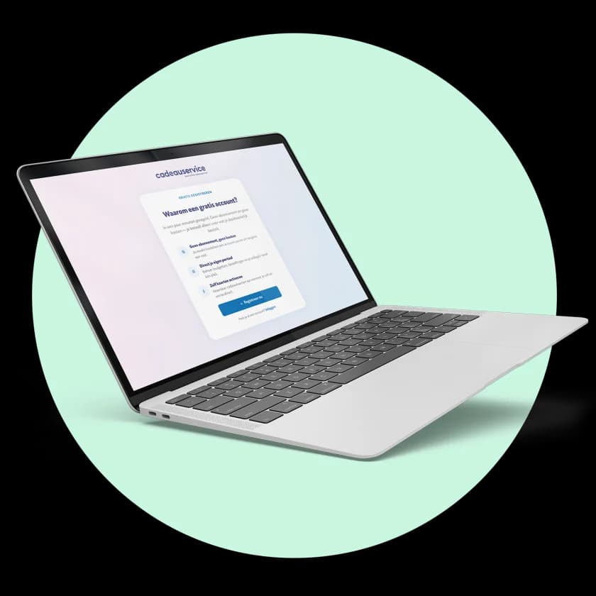 Het Cadeauservice-portaal op een laptop, met het registratiescherm in beeld
