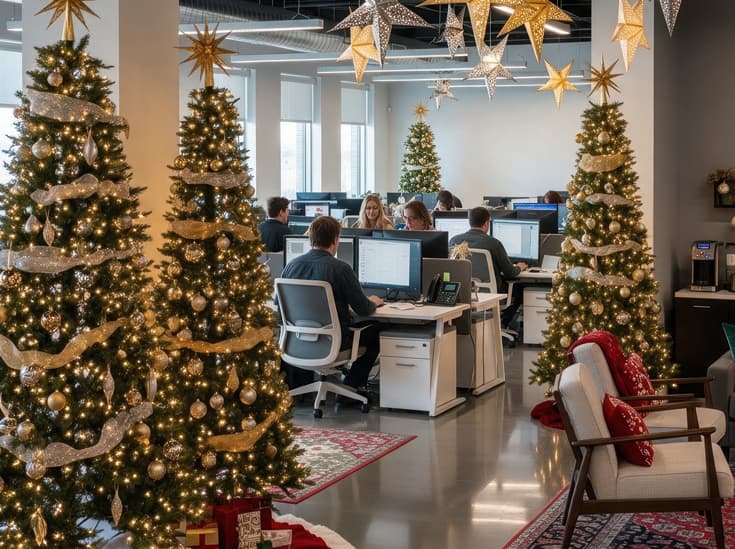 Kantoor met versierde kerstbomen en sterlampen